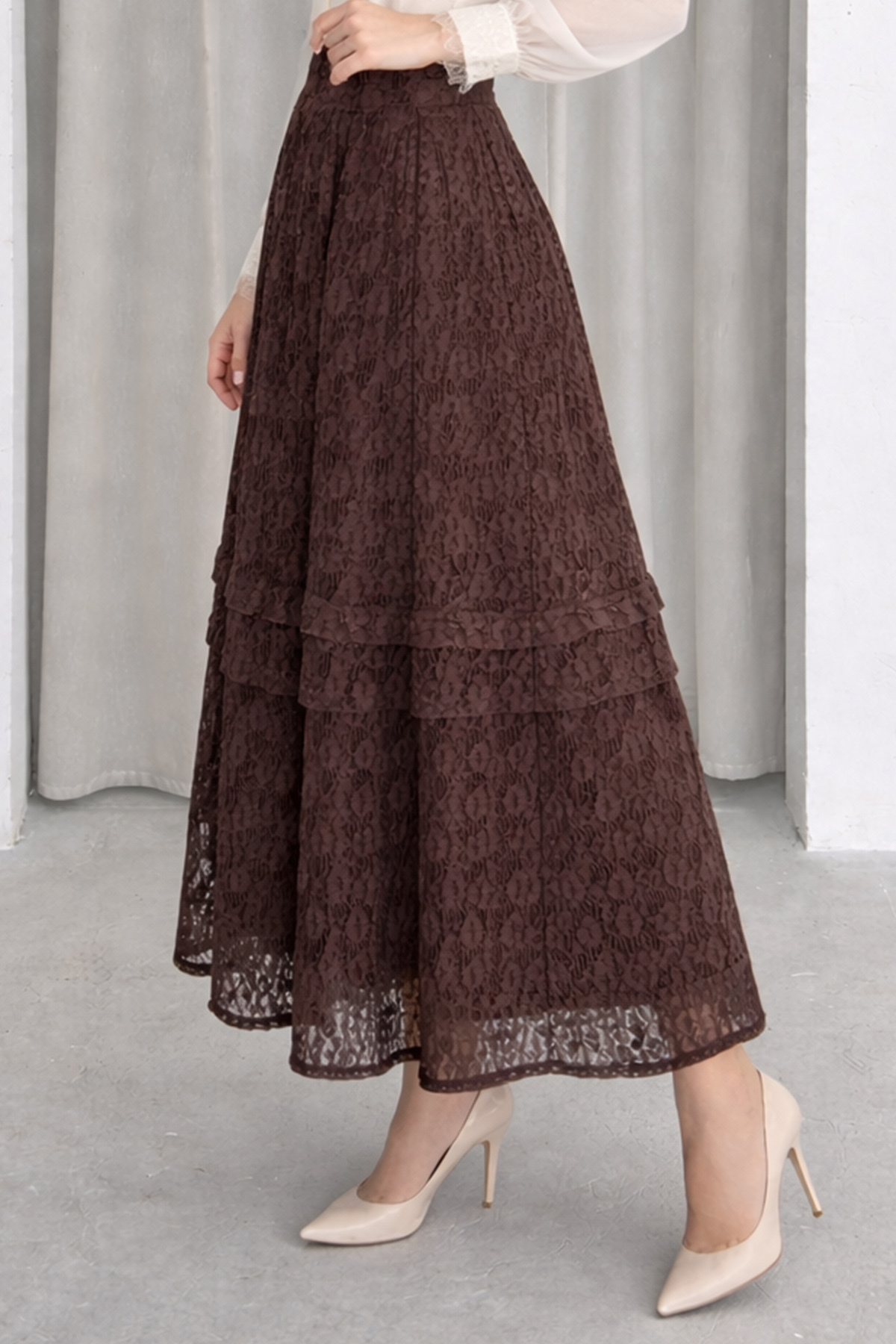 benguen  Katlı Dantelli Etek N2685 Kahverengi - Görsel 5