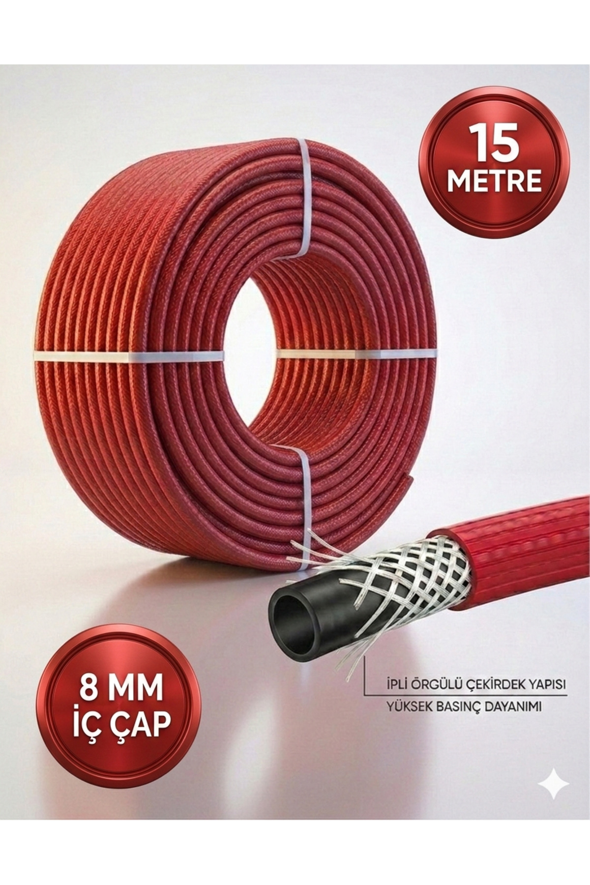SM SANAYİ MARKET Kompresör Hava Hortumu 8 mm Hortum Kırmızı- 15 METRE