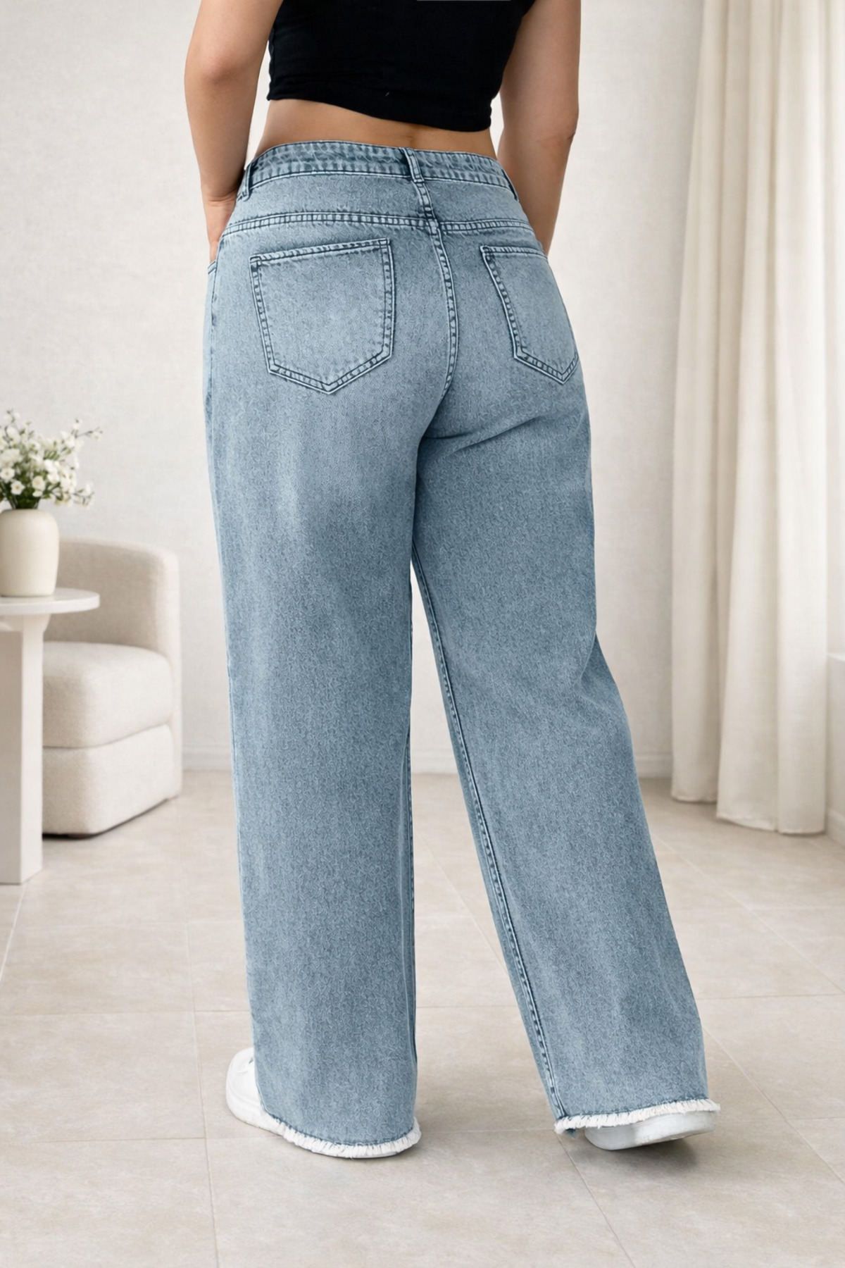 Modanewnice  %100 pamuk, yüksek bel, düz kesim, büyük beden, bebek mavisi kadın kot pantolon - Görsel 2