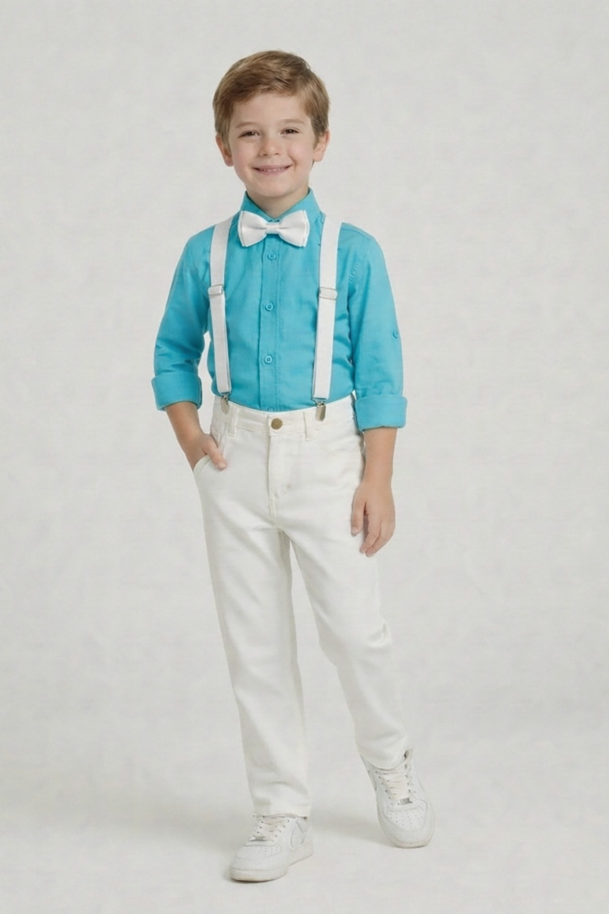 Boys Turquoise Long Sleeve Shirt White Pants White Strap Bow Tie Set 23 April 29 October
