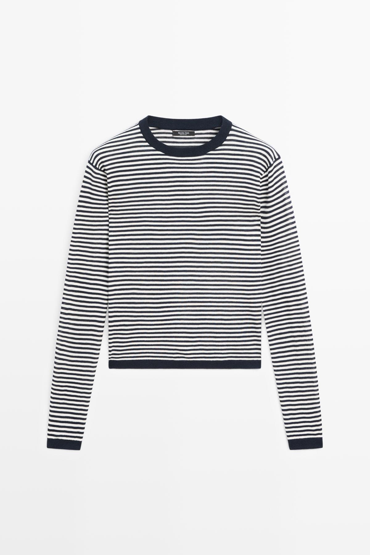 Massimo Dutti  Pamuk ipek karışımlı çizgili triko kazak - Görsel 5
