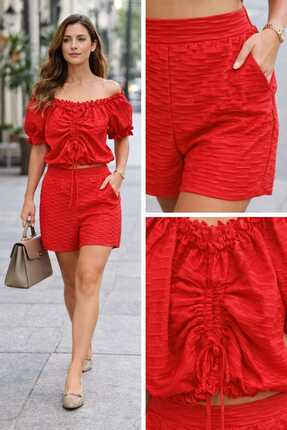 Acah giyim Kadın Dokulu Şardonlu Crop Üst Ve Şort Takım-Büzgü Detaylı Carmen ...