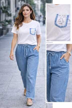 Acah giyim Yazlık Denim Detaylı Beyaz Tişört Ve Püskül Detaylı Kot Renkli Pan...