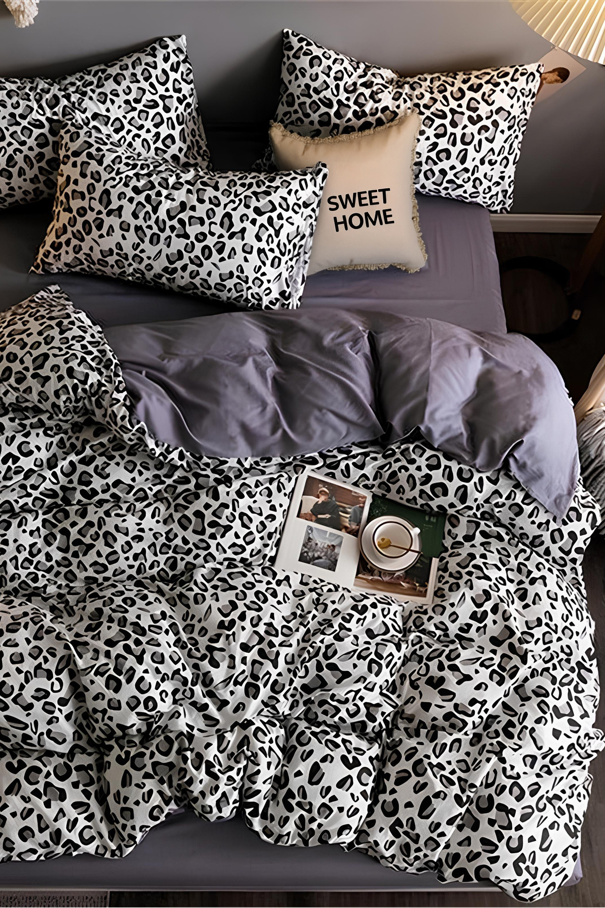 Double Sided Double Duvet Cover Set with Elastic Sheets Leopard Gray