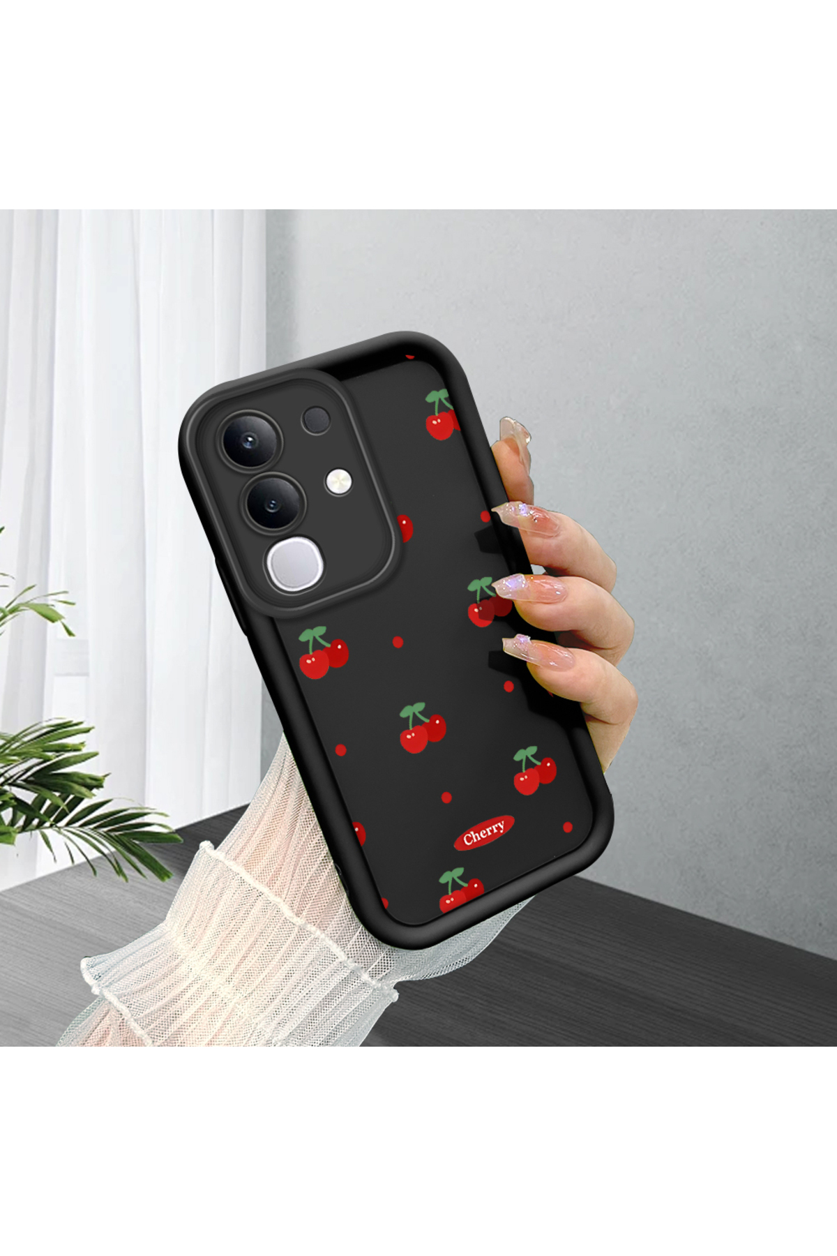 Vivo Y29 4G Compatible Black Silicone Case Shockproof Camera Protected Cherry Pattern
