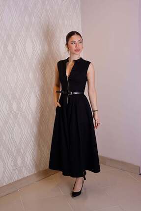 Elzem Boutique Siyah Fermuar Detaylı Midi Elbise