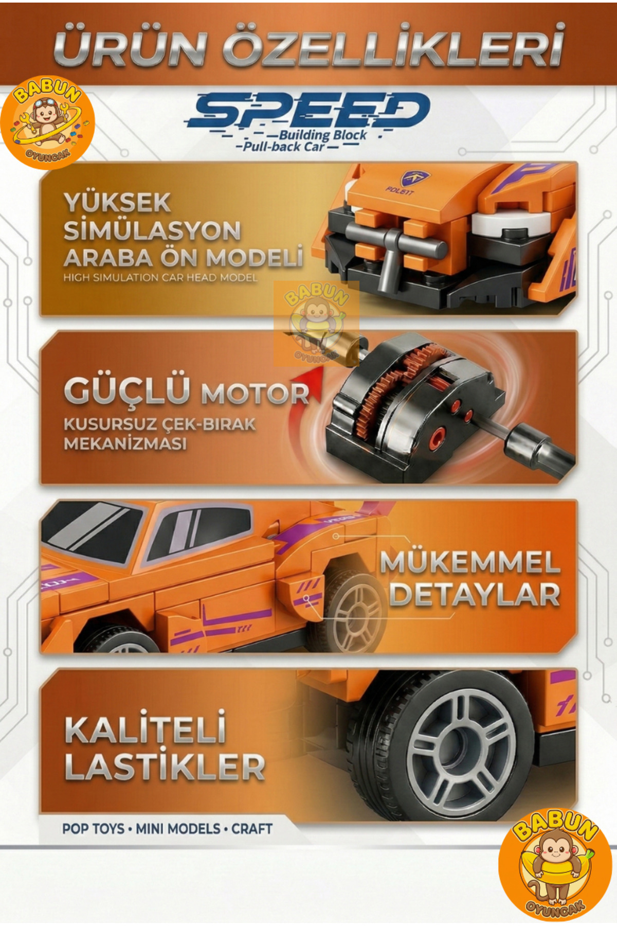 SPEED Bricks Mini Lego Araba Yapı Blok Seti - Çek-Bırak Spor Araba Yapım Seti -Speed Turuncu (76 Parça) fotoğrafı 3 (önizleme)