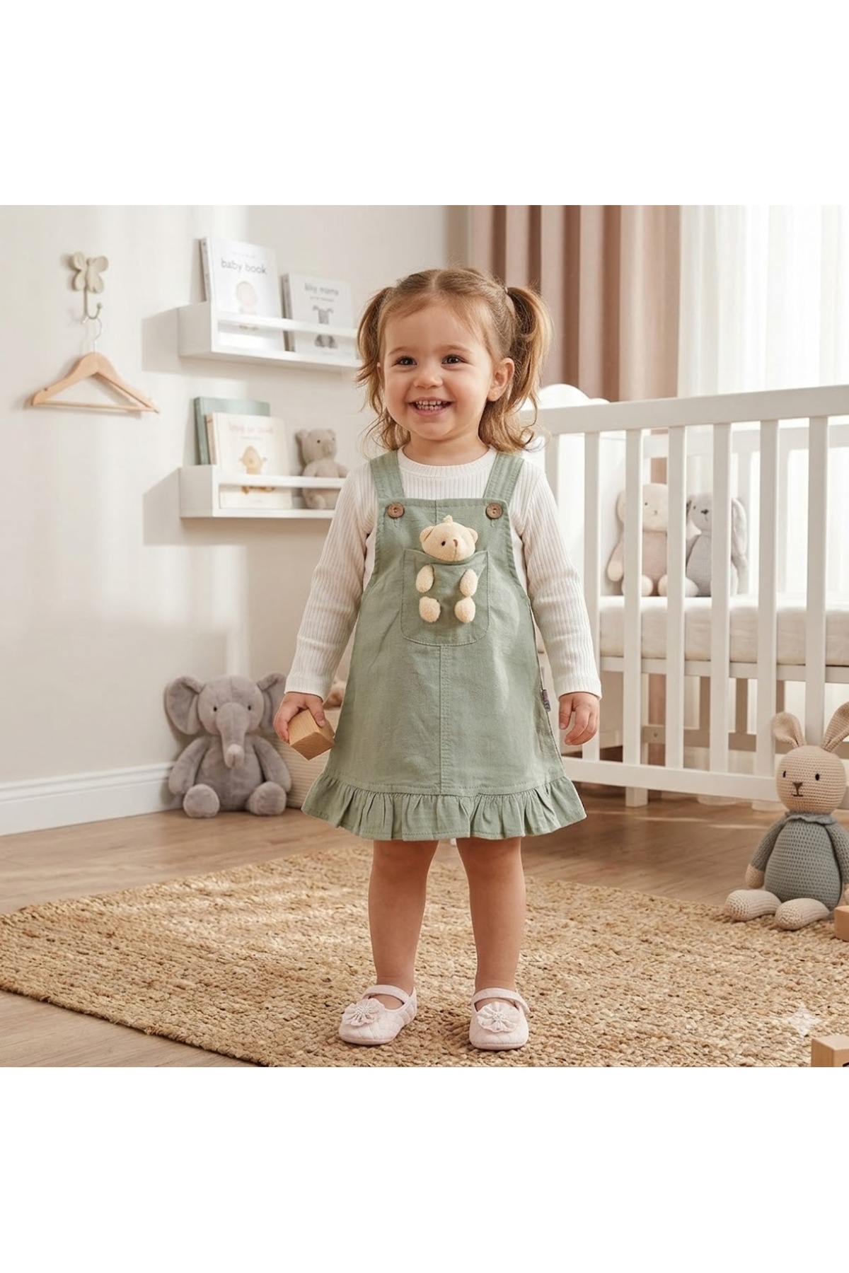 Egelite Kız Bebek Ayıcık Aksesuarlı, Keten Salopet Elbise ve Badili, 2 li, Şık Bayramlık Takım 9-12-18 ay fotoğrafı 3 (önizleme)