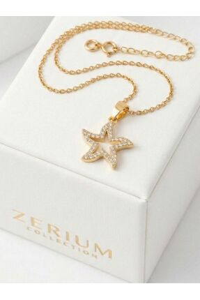 ZERİUM Deniz Yıldızı Motifli Çelik Kadın Kolye Zirkon Süslemeli 45 Cm