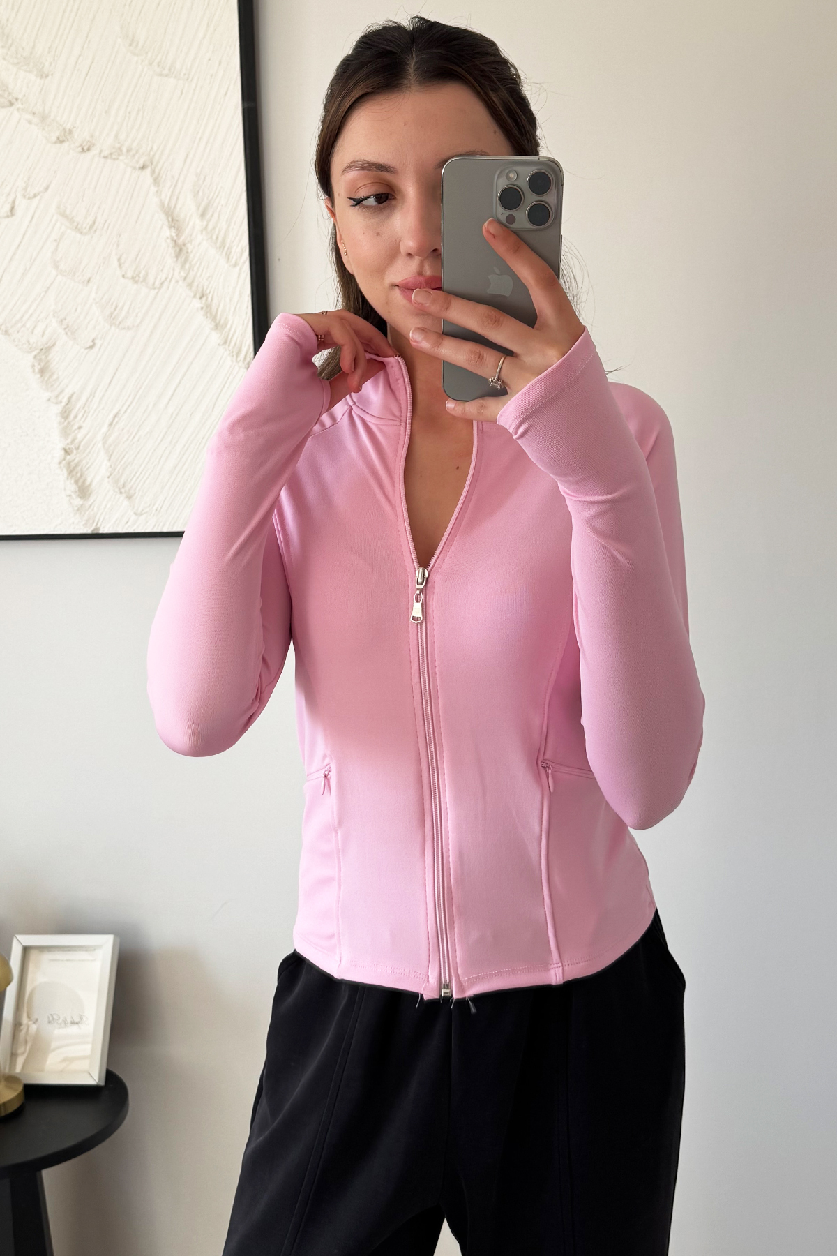 İlayda Toprak Rover Kadın Uzun Kollu Fermuarlı Cepli Parmak Geçirmeli Pembe Fit Spor Bluz