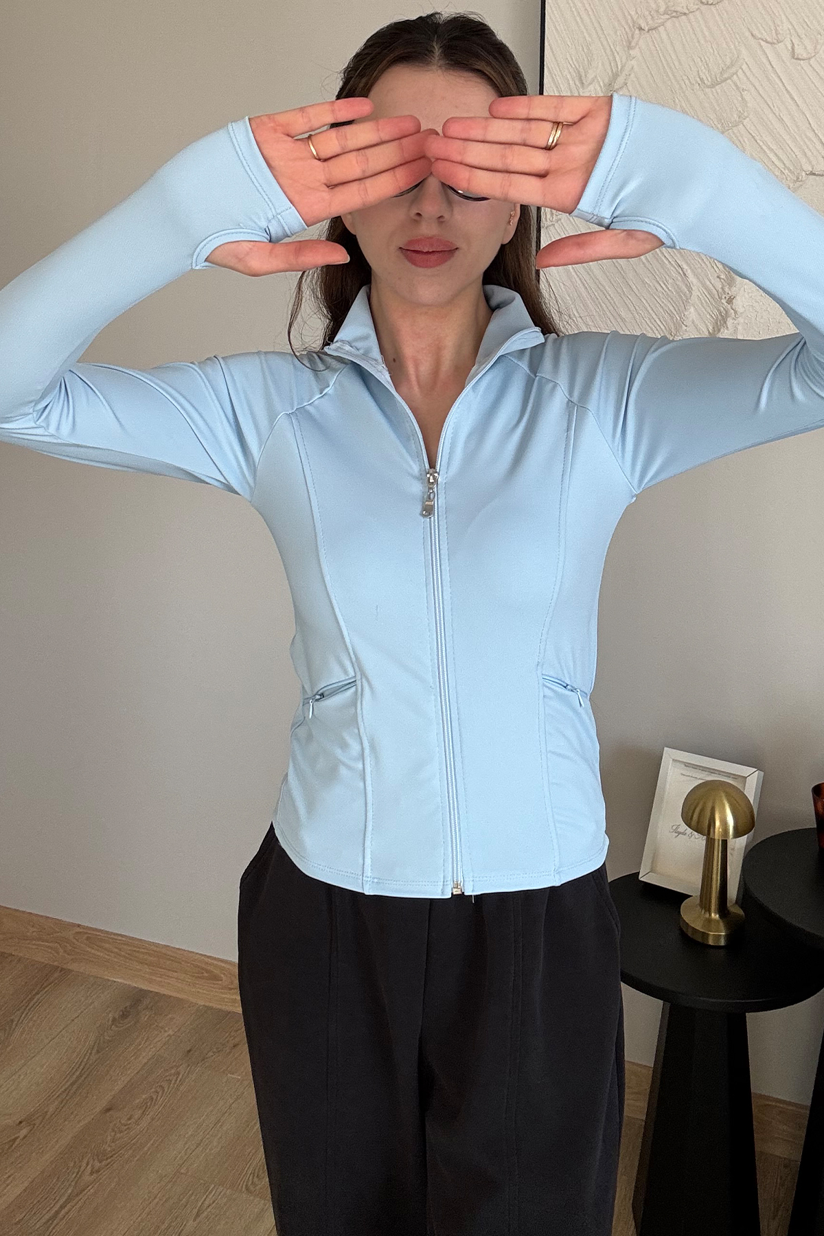 İlayda Toprak Rover Kadın Uzun Kollu Fermuarlı Parmak Detaylı Cepli Bebe Mavi Fit Spor Bluz görsel 5