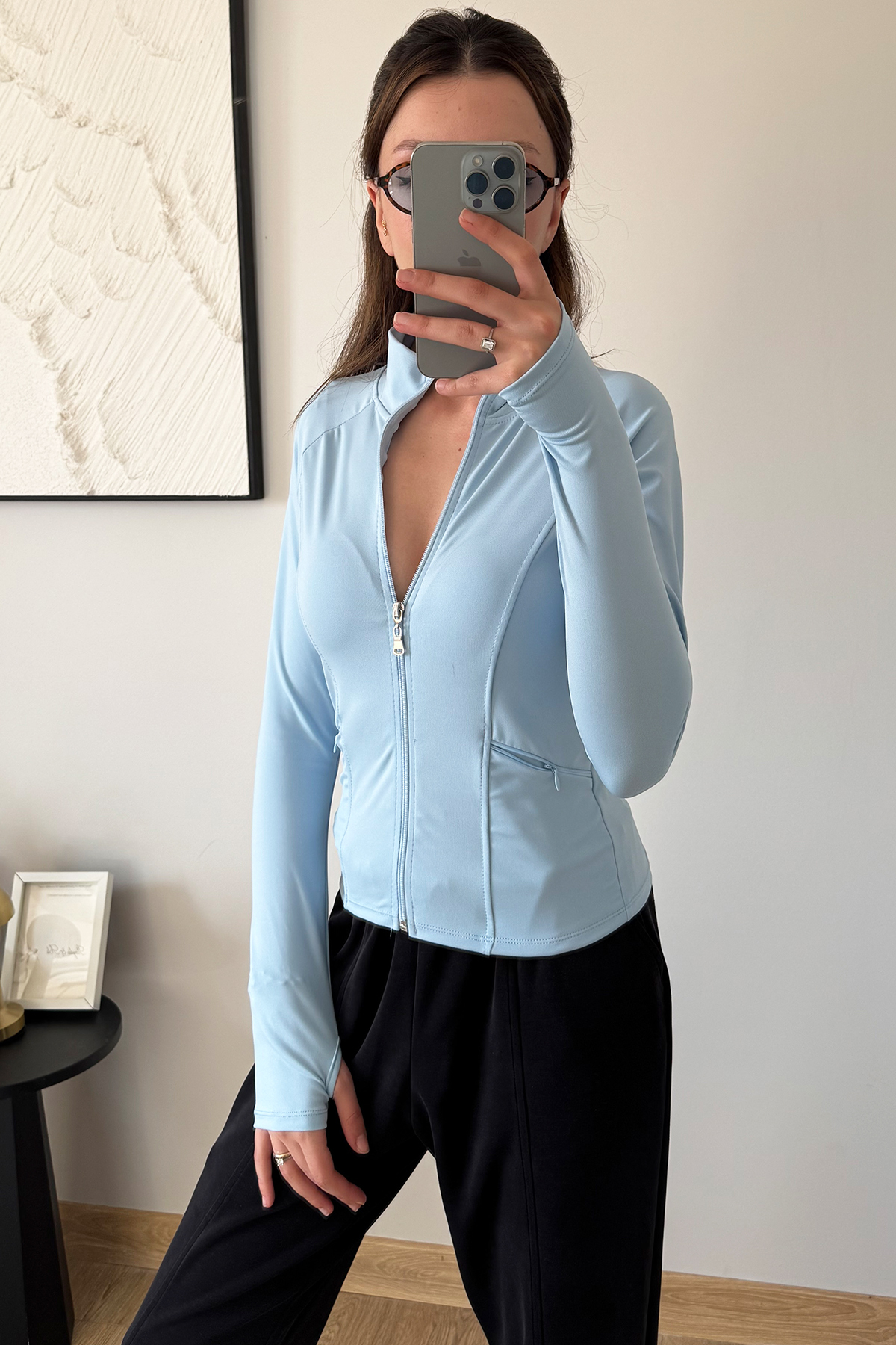 İlayda Toprak Rover Kadın Uzun Kollu Fermuarlı Parmak Detaylı Cepli Bebe Mavi Fit Spor Bluz görsel 2