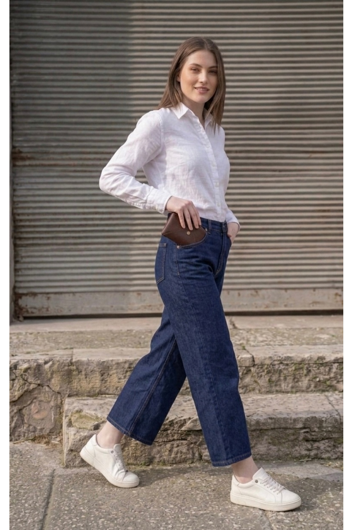 Lyvens  Midi Boy Lacivert Kadın Bol Paça Jean Pantolon – Rahat Kesim Kot - Görsel 3