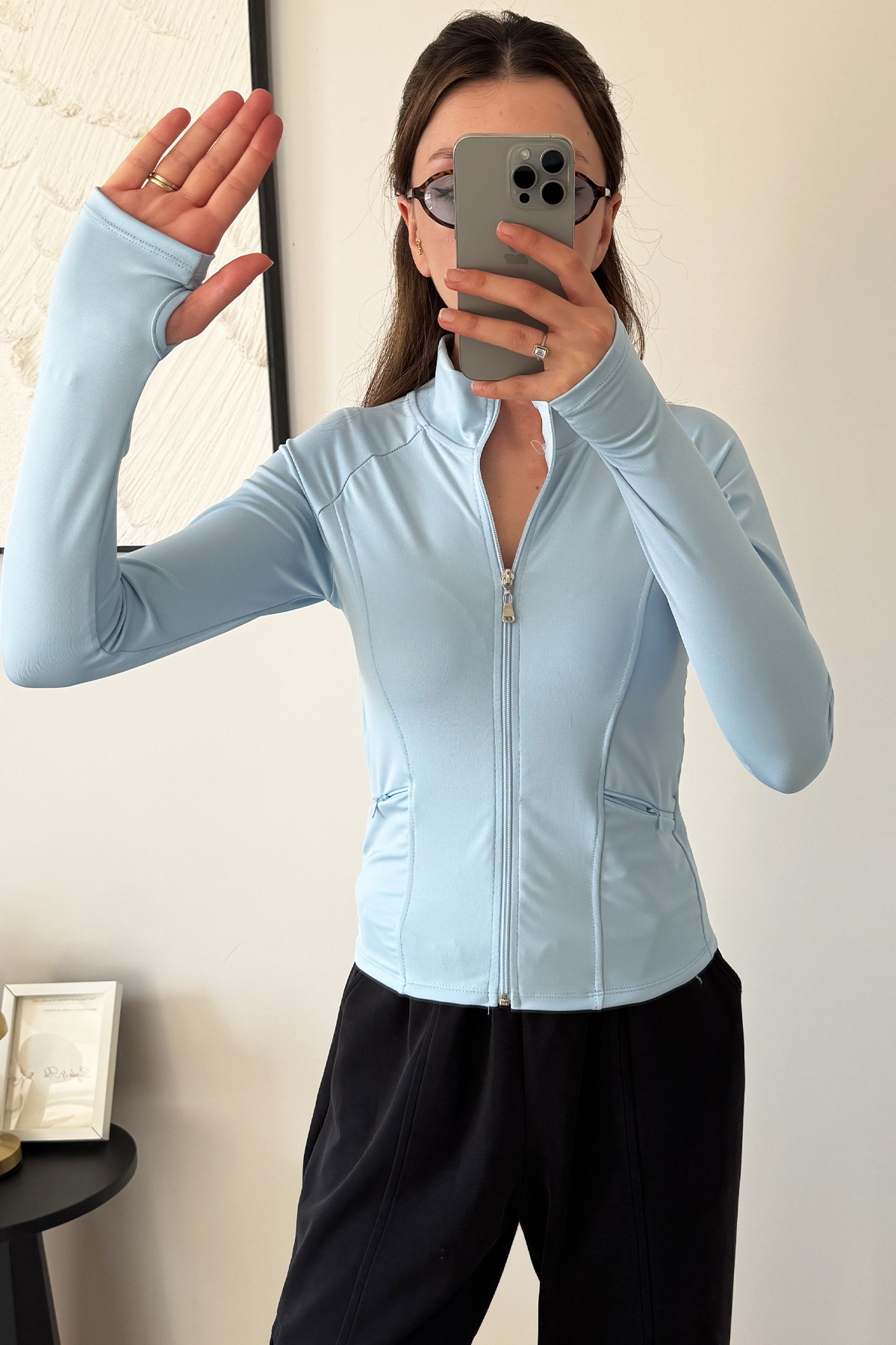 İlayda Toprak Rover Kadın Uzun Kollu Fermuarlı Parmak Detaylı Cepli Bebe Mavi Fit Spor Bluz