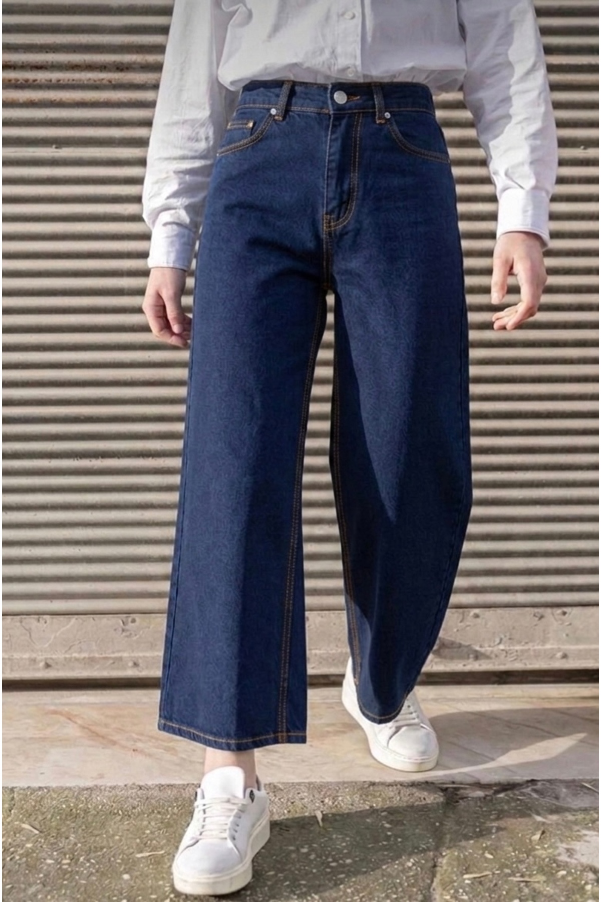 Lyvens  Midi Boy Lacivert Kadın Bol Paça Jean Pantolon – Rahat Kesim Kot