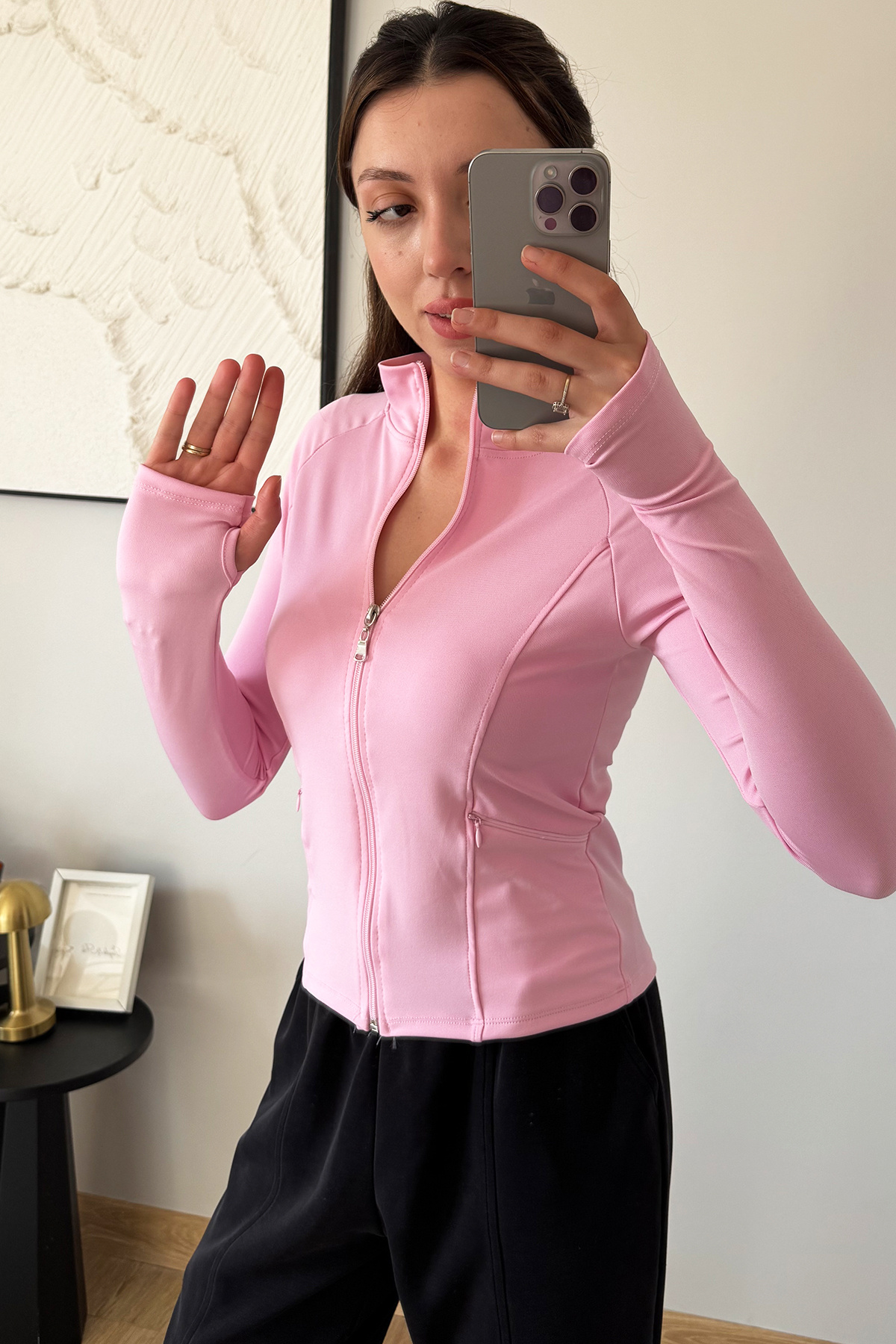 İlayda Toprak Rover Kadın Uzun Kollu Fermuarlı Cepli Parmak Geçirmeli Pembe Fit Spor Bluz görsel 2