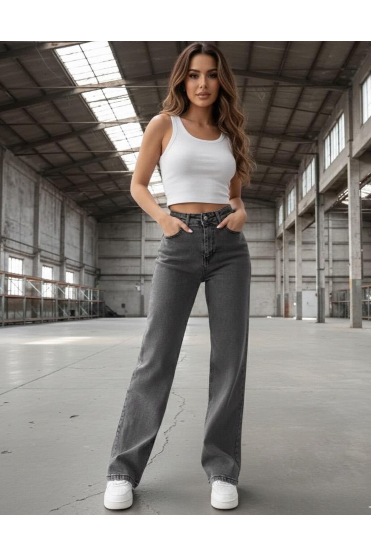 Clare 90's High Waist Power Lycra Smoked Loose Jeans Palazzo Pants Super High