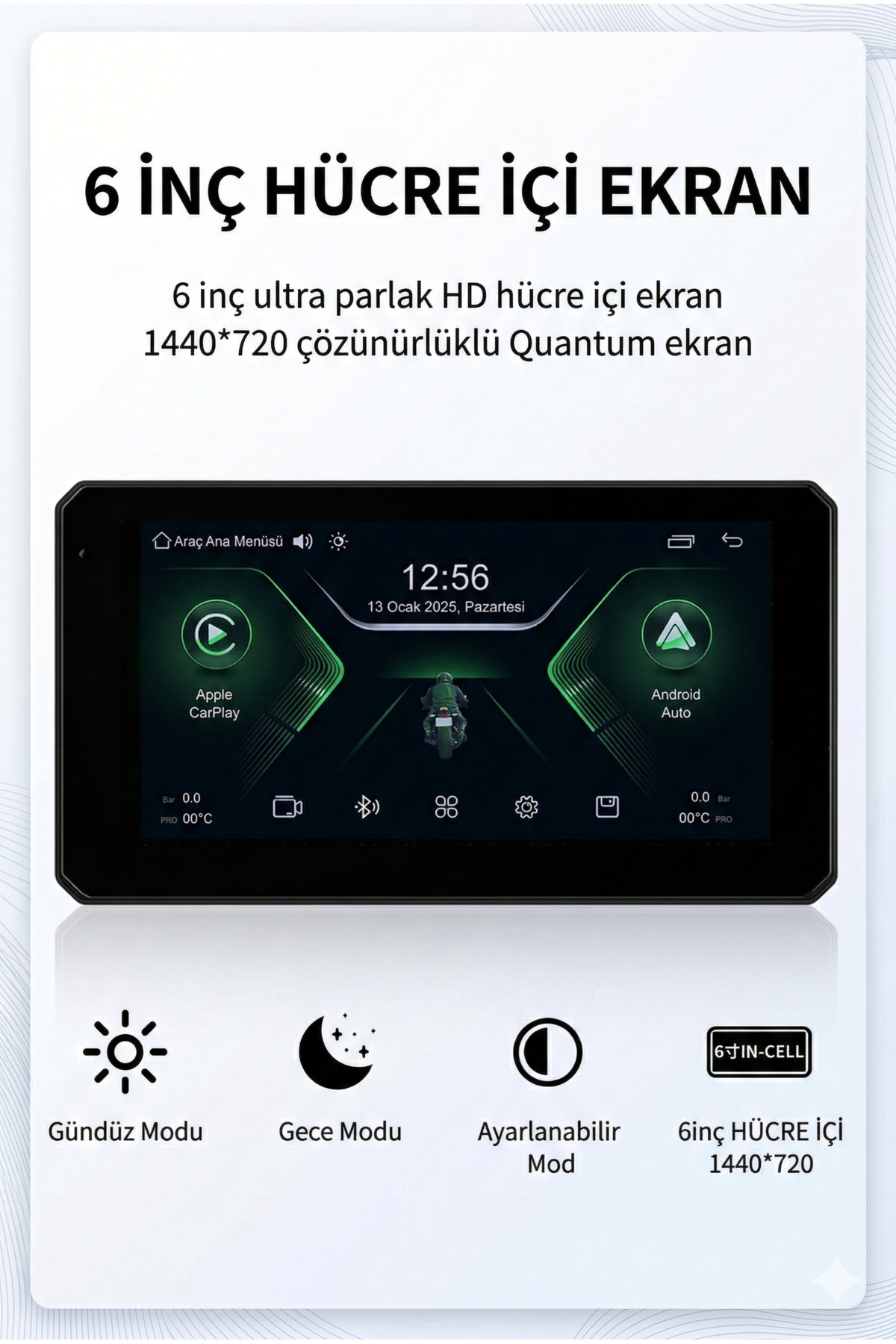 M590 6 İnç Motosiklet Ekranı: Kablosuz CarPlay, Android Auto & GPS Navigasyon
