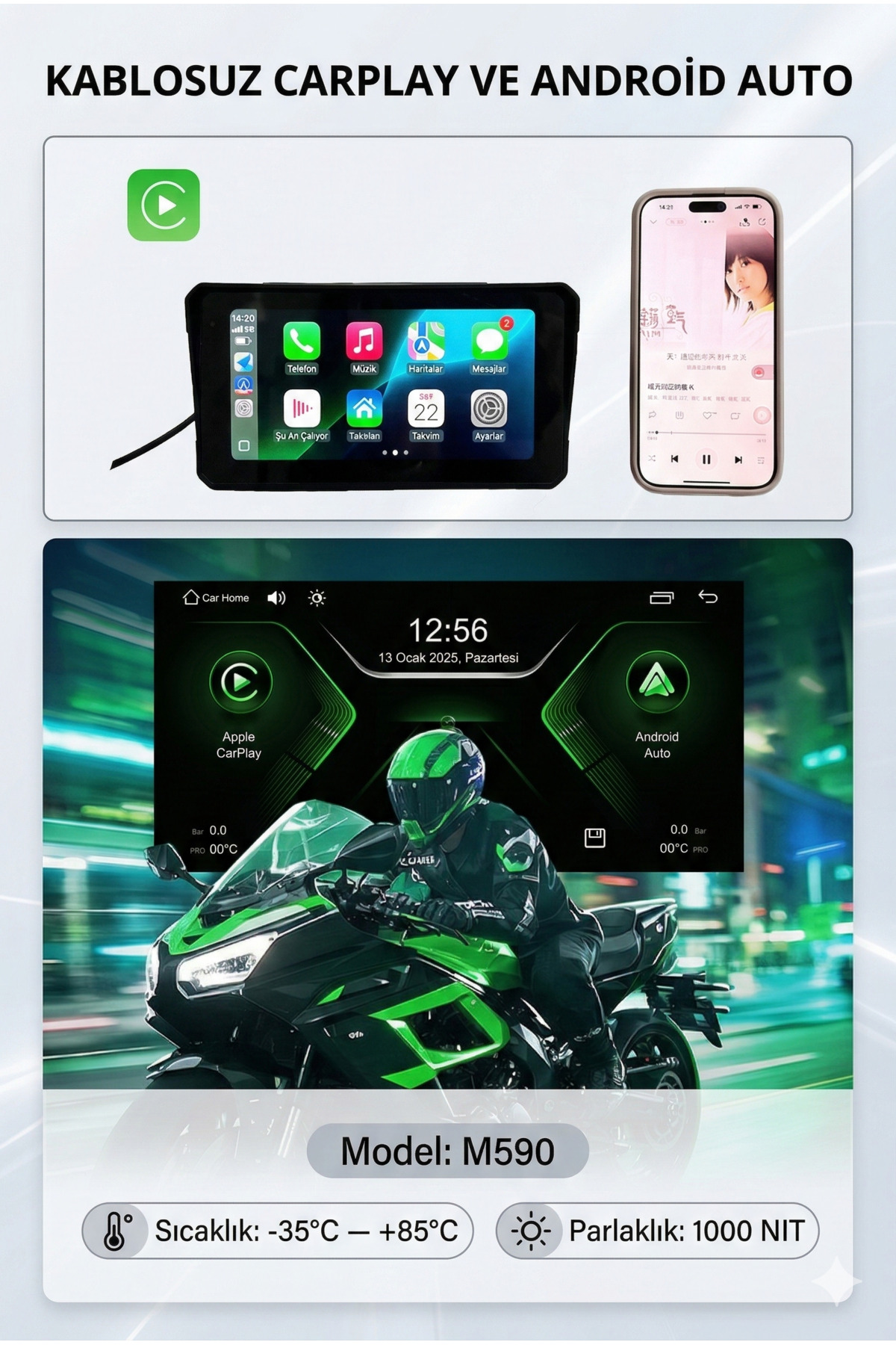 M590 6 İnç Motosiklet Ekranı: Kablosuz CarPlay, Android Auto & GPS Navigasyon