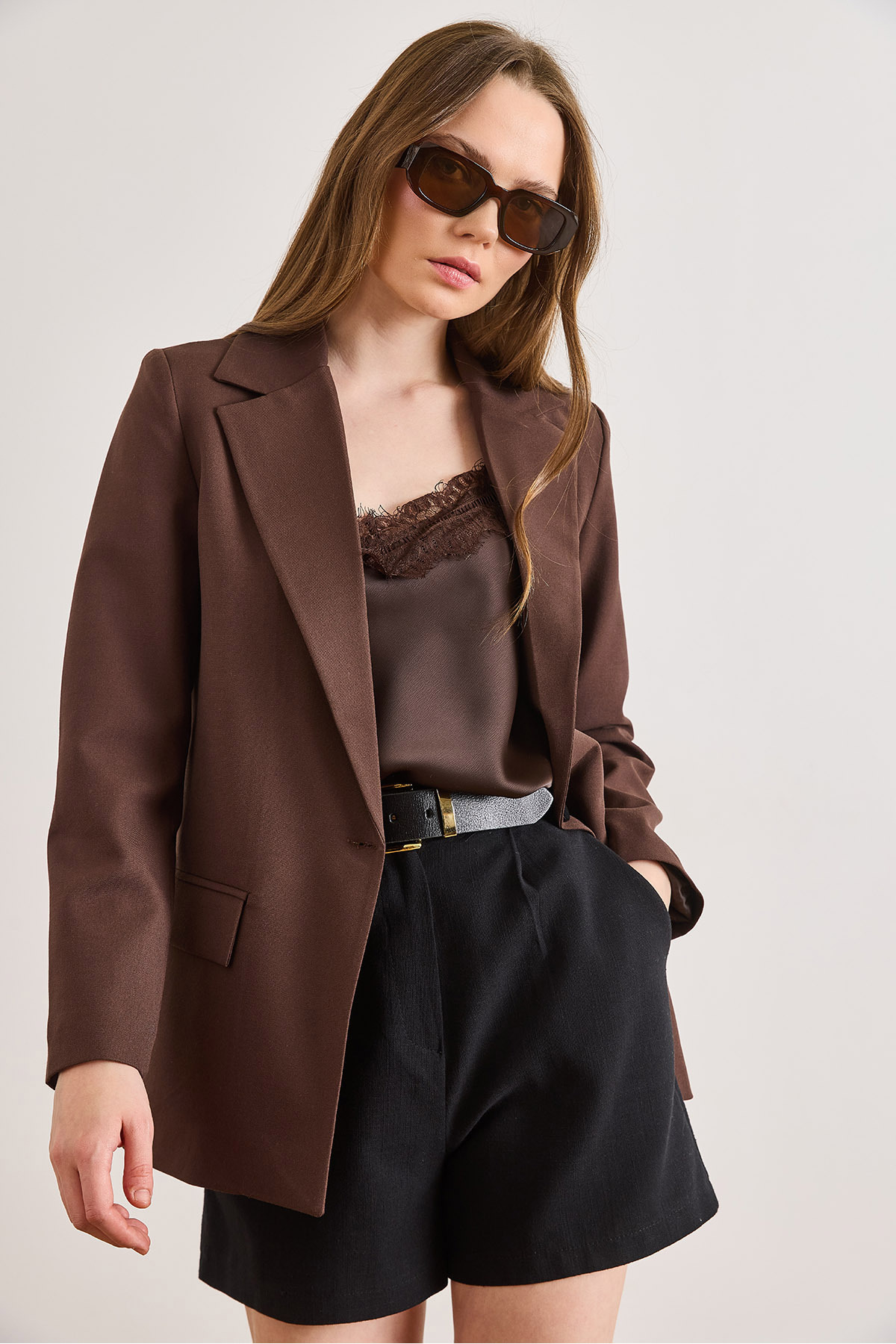 Women's Brown Single Button Lined Premium Blazer Jacket with Pocket LidCKT-19000395