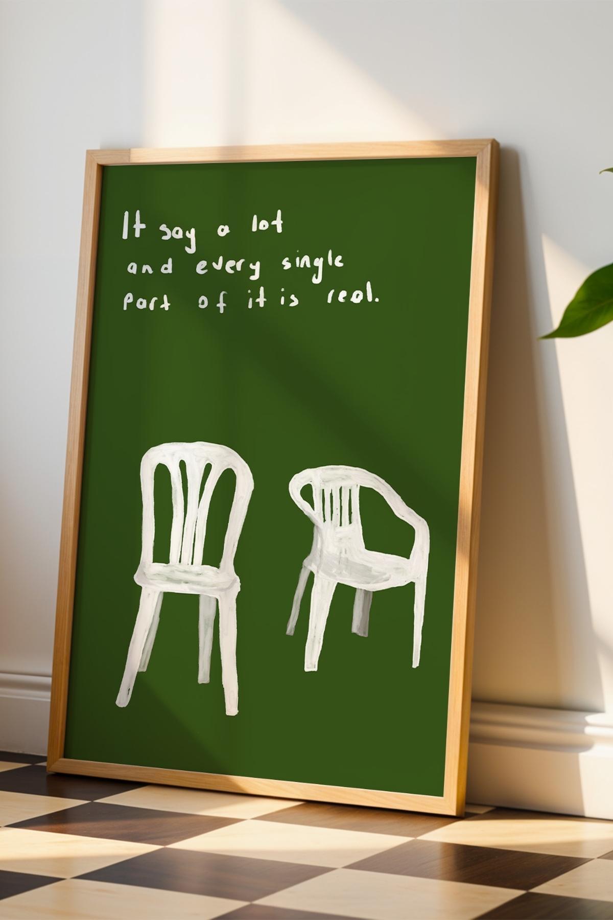 Minimal Sandalye Yazılı Yeşil Modern Tablo Poster Duvar Dekoru Çerçevesiz