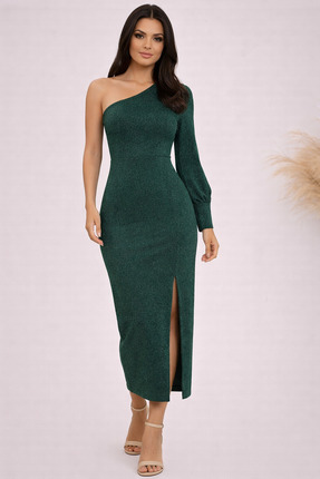 ETİKAFASHION Kadın Zümrüt Yeşili Tek Omuz Simli Yırtmaçlı Midi Elbise