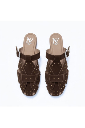 NE&VE SHOES Kahve Süet Pim Detaylı ve Tokalı Kadın Kare Burun Sabo Terlik