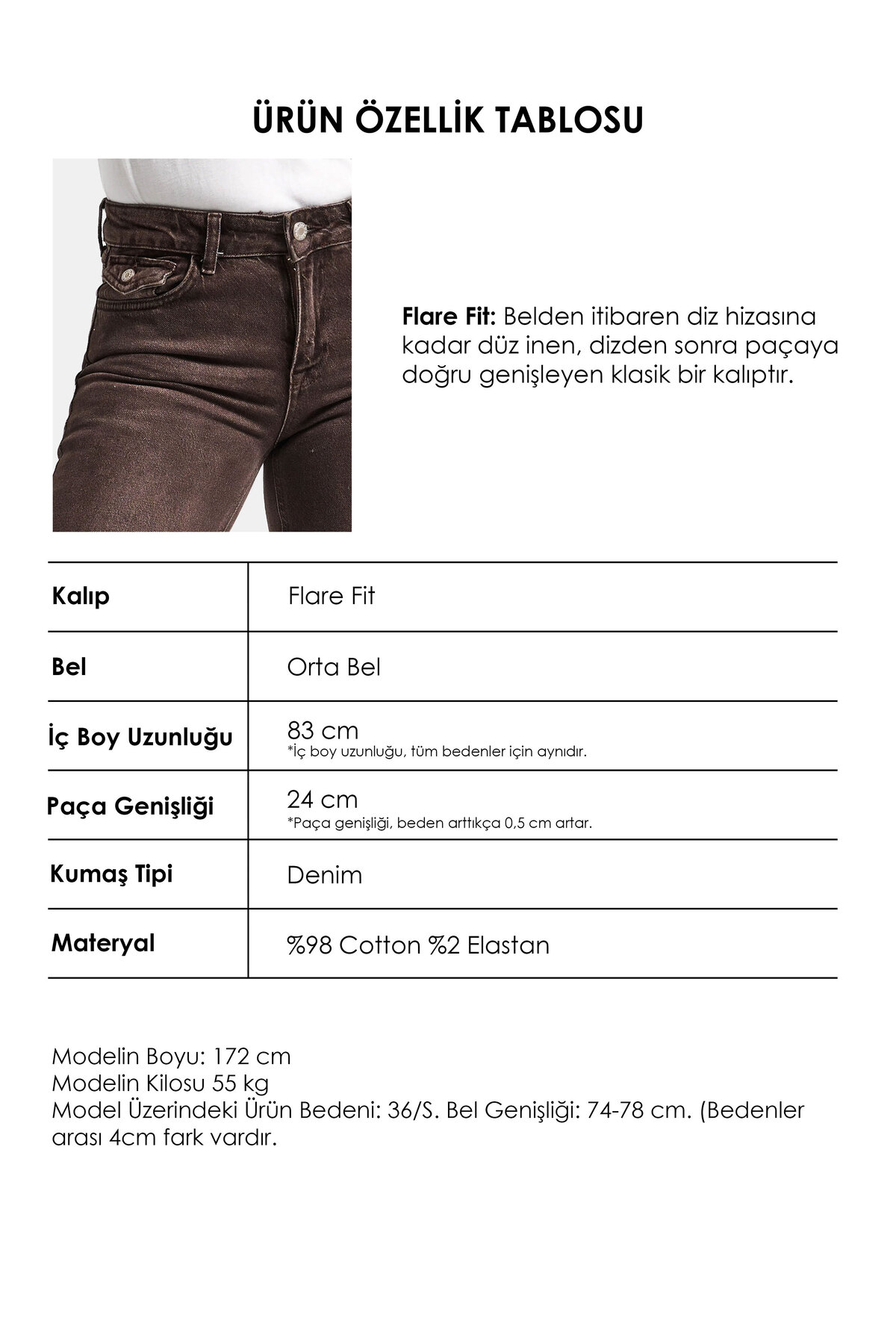 it's basic  Kadın Kahverengi 2s6-16 SLN05 Mid Rise Flare Fit Esnek Kumaş Denim Jean - Görsel 4