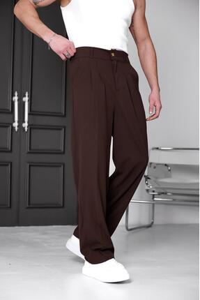 mrmubomen Erkek Fit baggy kumaş pantolon acı kahve