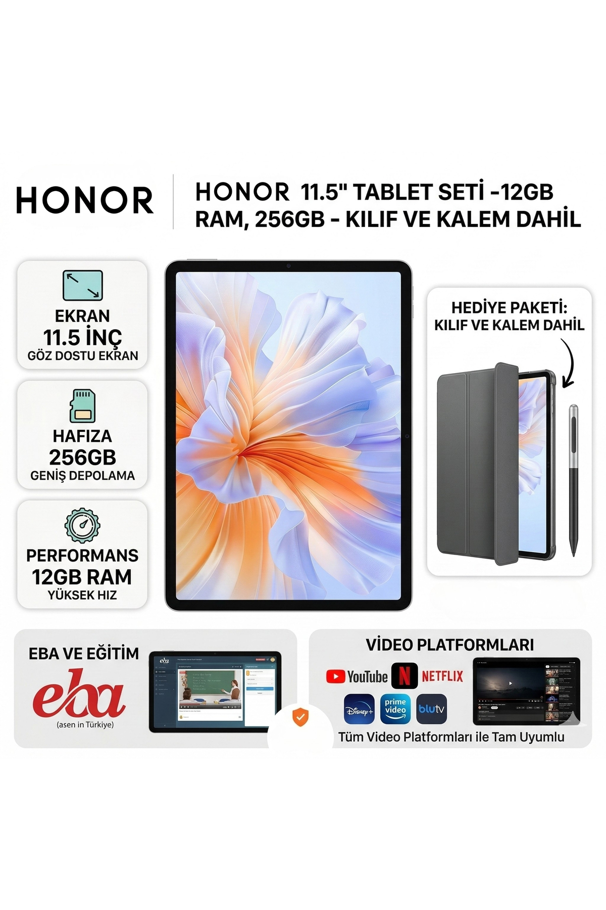 HONOR Pad V9 11.5inç/144hz Tablet Ders, İş ve Sinema Deneyimi (12 GB/256 GB + Klavye Kılıf Kalem)