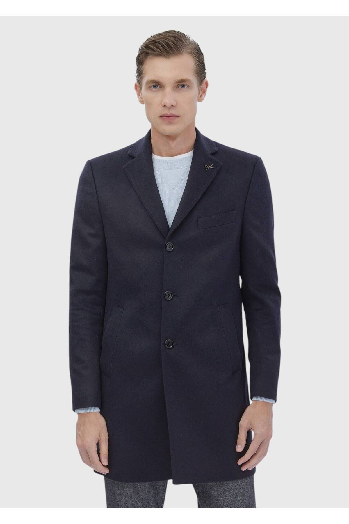 Ramsey  Lacivert Regular Fit Şal Yaka Klasik Dokuma Palto - Görsel 7