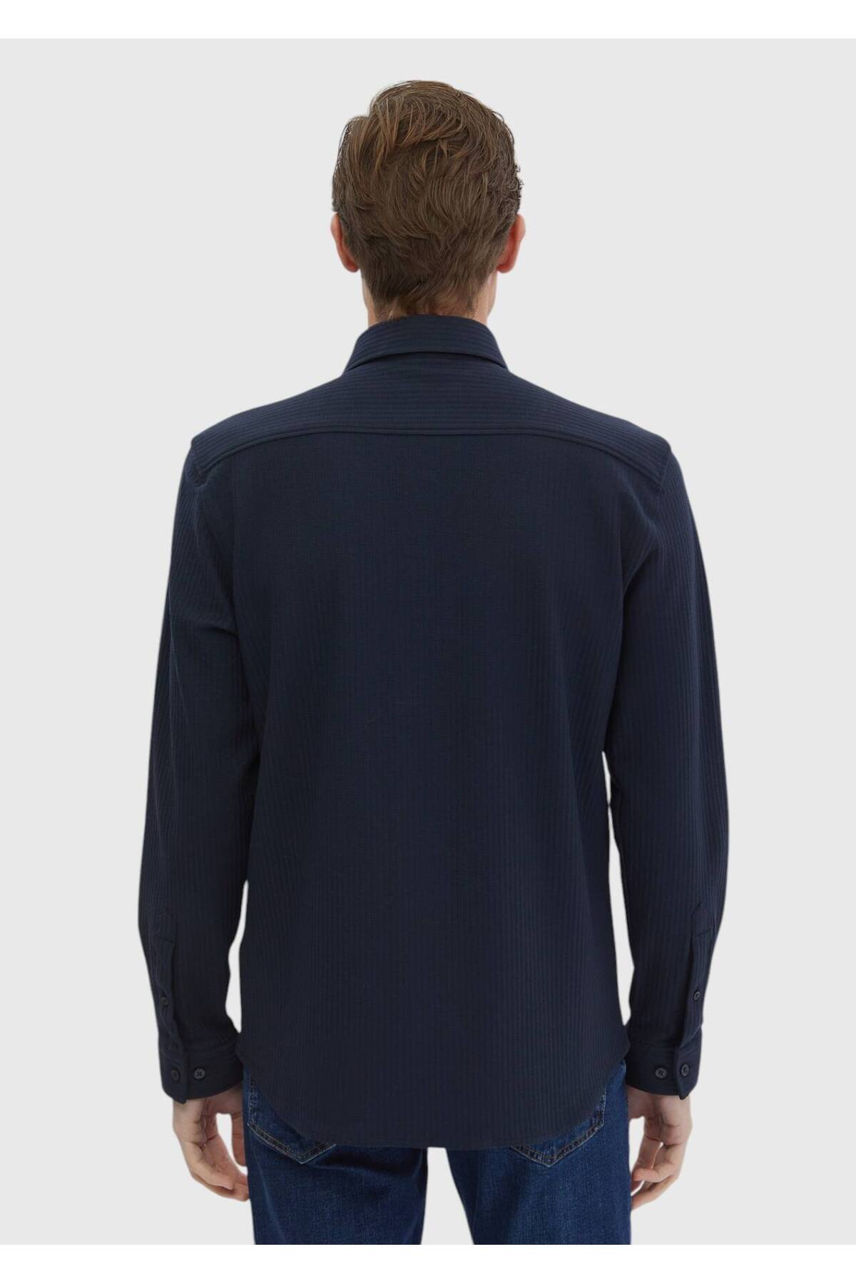 Ramsey  Lacivert Çizgili Casual Fit Casual %100 Pamuk Gömlek - Görsel 6