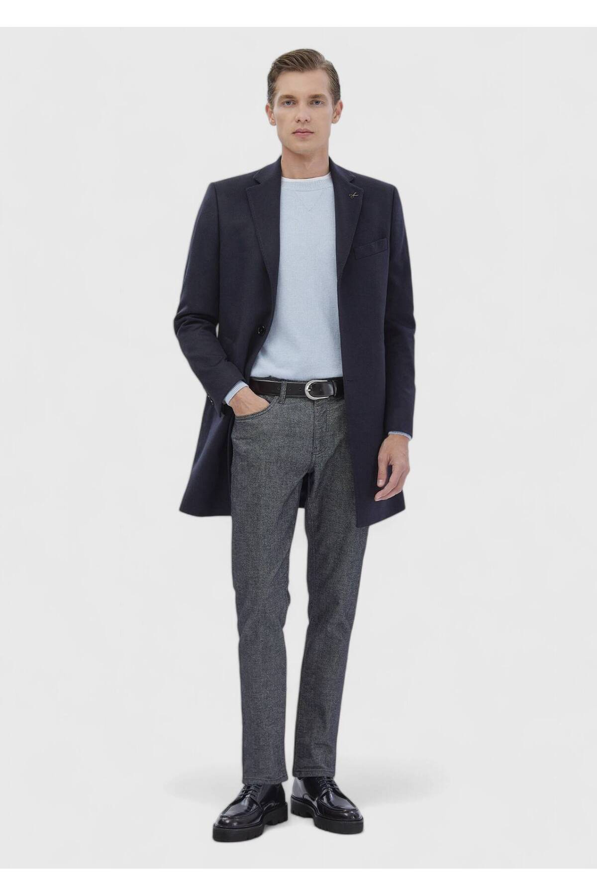 Ramsey  Lacivert Regular Fit Şal Yaka Klasik Dokuma Palto - Görsel 4