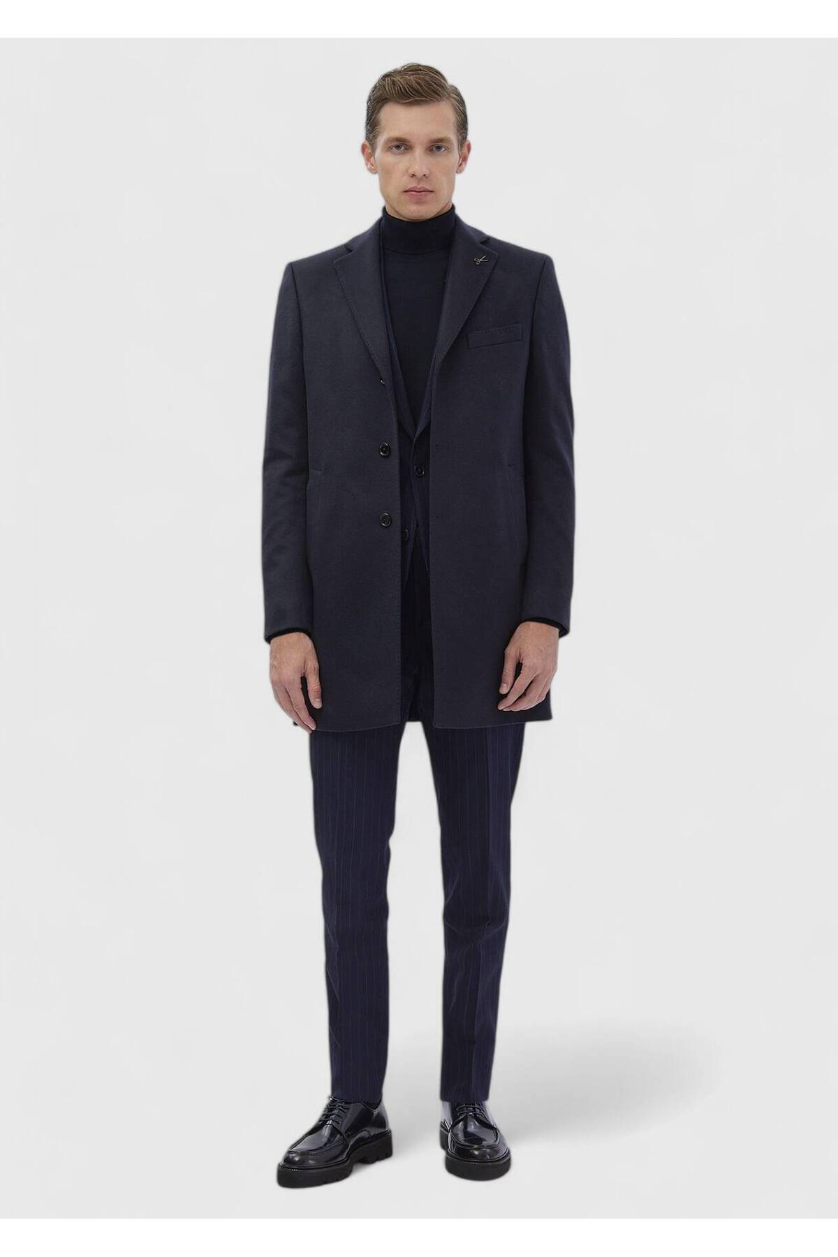 Ramsey  Lacivert Regular Fit Şal Yaka Klasik Dokuma Palto - Görsel 3