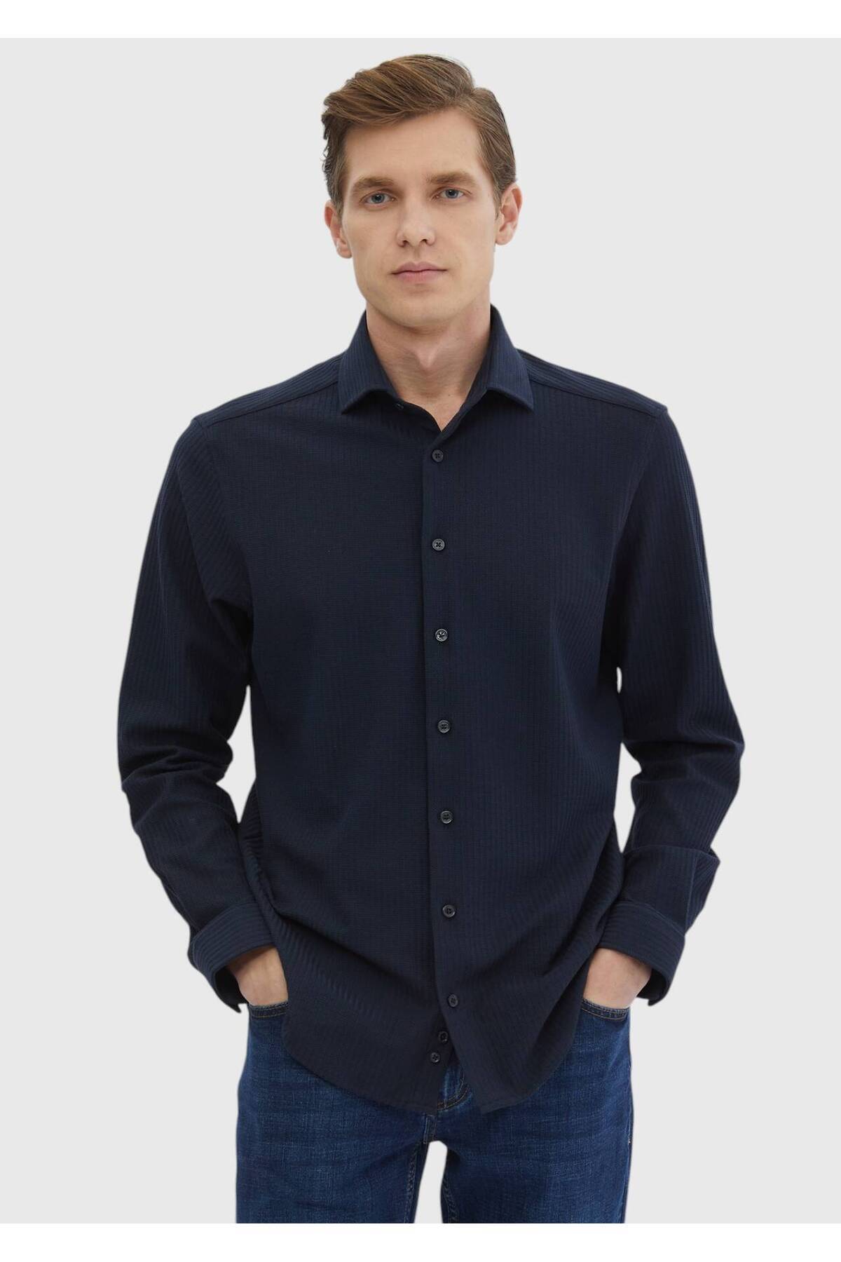 Ramsey  Lacivert Çizgili Casual Fit Casual %100 Pamuk Gömlek