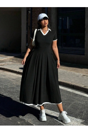 Energic Kadın Kısa Kollu V Yakalı Pileli Uzun Janjan Krep Elbise