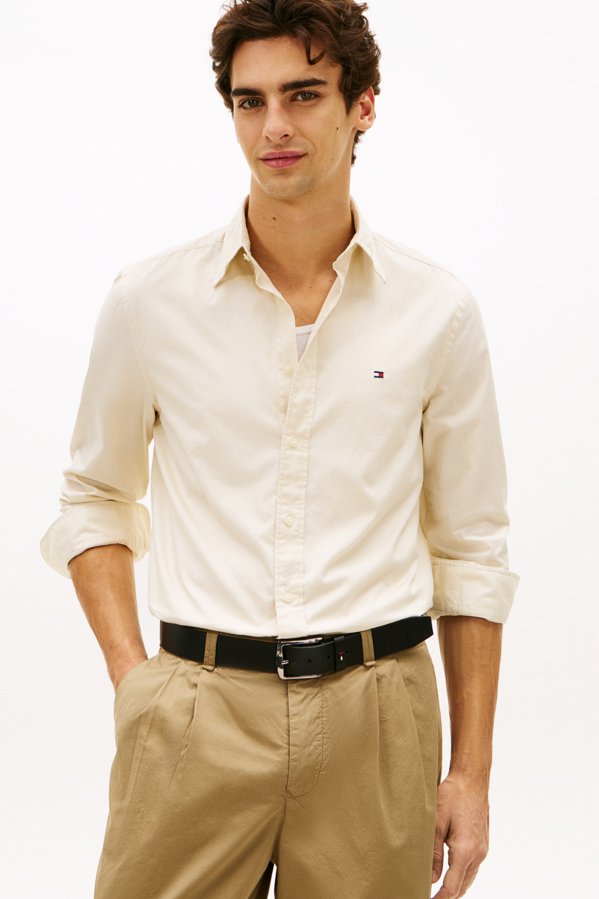 Tommy Hilfiger Męska koszula Flex Poplin w jednolitym kolorze Rf Beż