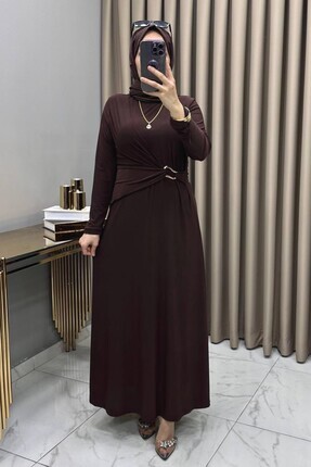 Hürrem Hadise Elbise Kahverengi Kadın Sandy Kumaş Bel Aksesuar Detaylı Rahat ...