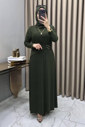 mercan moda Hadise Elbise Haki Kadın Sandy Kumaş Bel Aksesuar Detaylı Rahat K...