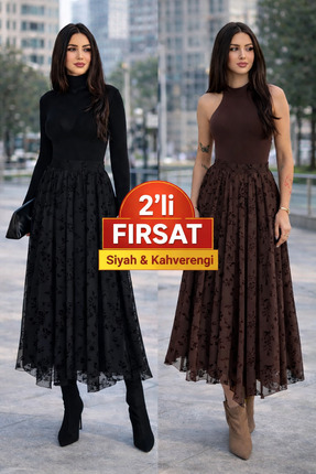 DeChival 2'Lİ-Flok Desenli Tül Etek İçi Astarlı Şık Kadın Etek Siyah Ve Kahve...