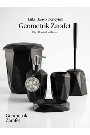 QUKA Moon Rise Siyah 5 Parça Banyo Seti Diamond Tasarım Çöp Kovası Wc Fırçası...