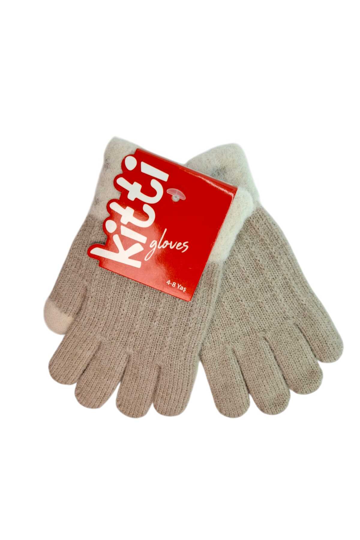 Kitti Spteks 4-8 Yaş Kız Çocuk Vizon Renk Düz Çizgili Desenli Kışlık Örme Eldiven fotoğrafı 4 (önizleme)