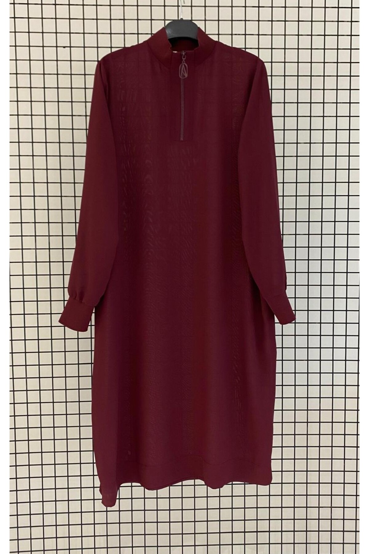 Silk-Crepe Fabric Collar Zippered Ribbed Summer Basic Hijab Tunic