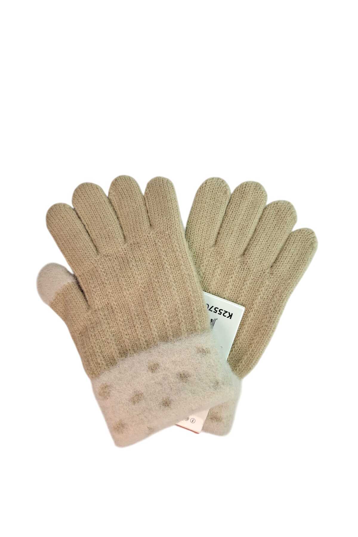 Kitti Spteks 4-8 Yaş Kız Çocuk Bej Renk Düz Çizgi Desenli Kışlık Örme Eldiven fotoğrafı 4 (önizleme)