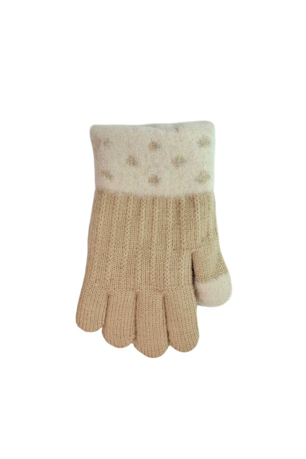 Kitti Spteks 4-8 Yaş Kız Çocuk Bej Renk Düz Çizgi Desenli Kışlık Örme Eldiven fotoğrafı 2 (önizleme)