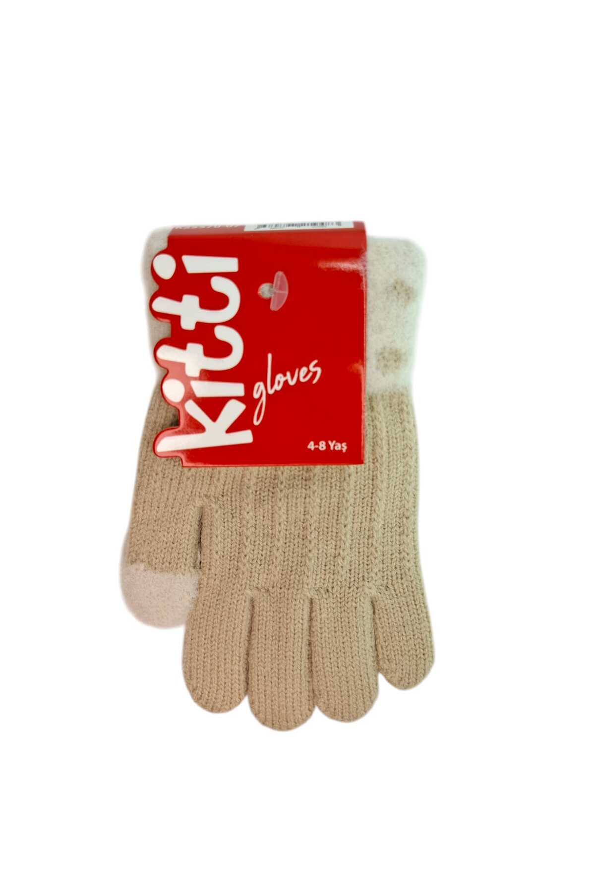 Kitti Spteks 4-8 Yaş Kız Çocuk Bej Renk Düz Çizgi Desenli Kışlık Örme Eldiven fotoğrafı 5 (önizleme)