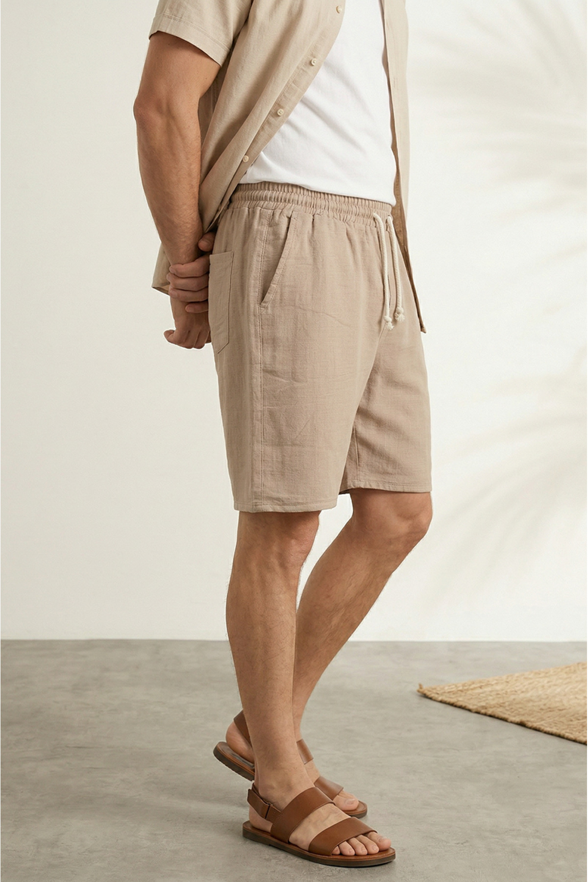 Sizce Moda  Erkek 2li Paket Siyah - Bej %100 Pamuk Keten Müslin Şort Rahat Kalıp Yazlık Kumaş Arka Cepli - Görsel 7