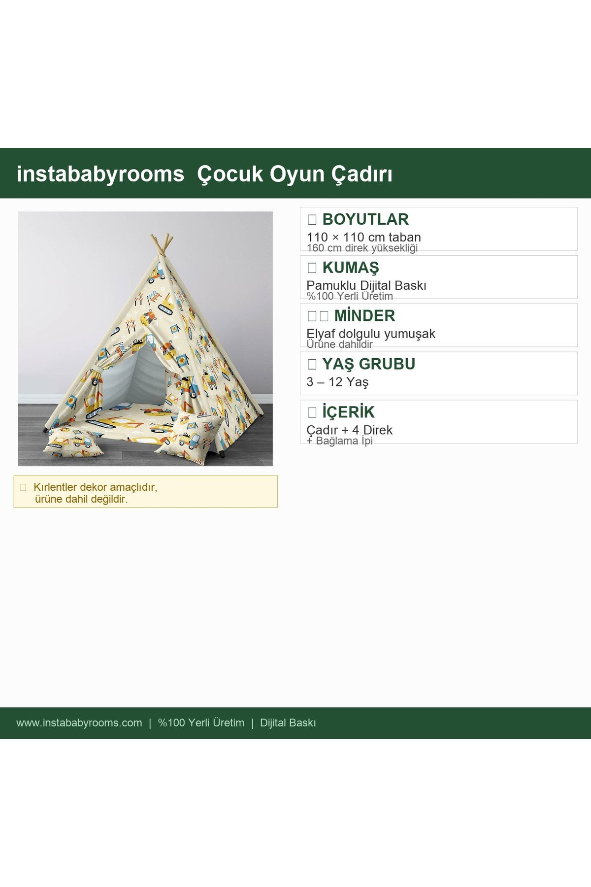 instababyrooms Çocuk Oyun Çadırı İş Makineleri Dijital Baskılı fotoğrafı 4 (önizleme)
