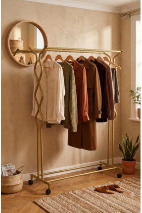 ARVİONHOME Modern Gold Kuğ Çift Bölmeli Tekerlekli Metal Elbise Askısı Tekerl...