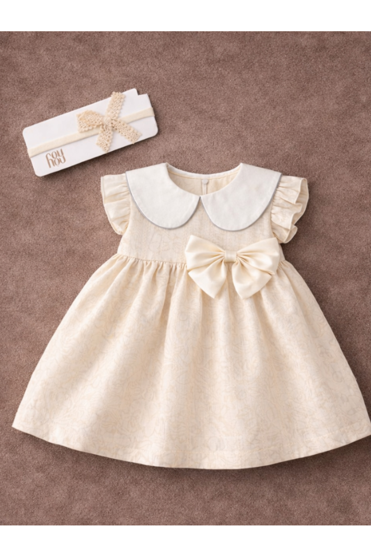 Noy Noy Kız Bebek Tokalı Fiyonklu Yakalı Şık Bej Elbise fotoğrafı 4 (önizleme)
